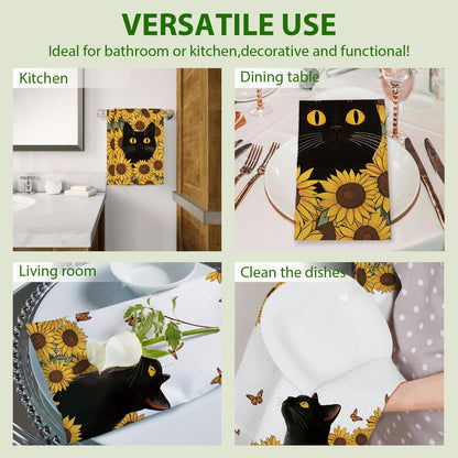 PIUFAM Black Cat Kitchen Towels, Cat Lover Gifts for Women, Floral Hand Towels for Bathroom, Decorations for Home Birthday Party, Waffle Dish Towels Gifts for Christmas Thanksgiving 26x17in, 2 Pack