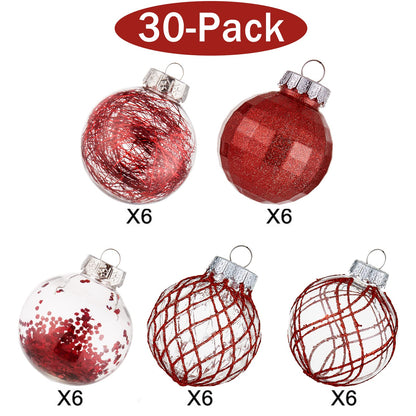 CristBest 30ct Christmas Ball Ornaments-60mm/2.36" Shatterproof Clear Plastic Xmas Balls Baubles Set with Stuffed Delicate Sparkling, Hanging Christmas Tree Decorations (Red)