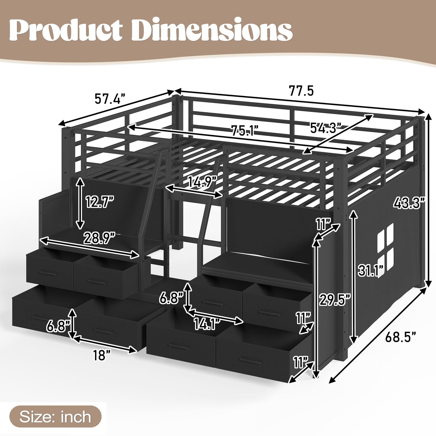 Bellemave Low Loft Bed Full Size with Storage Shelves & Fabric Drawers, Metal Full Loft Bed for Kids with LED Lights & Under-Bed Play Area, Low Loft Bed Frame for Bedroom, No Box Spring Needed, Black