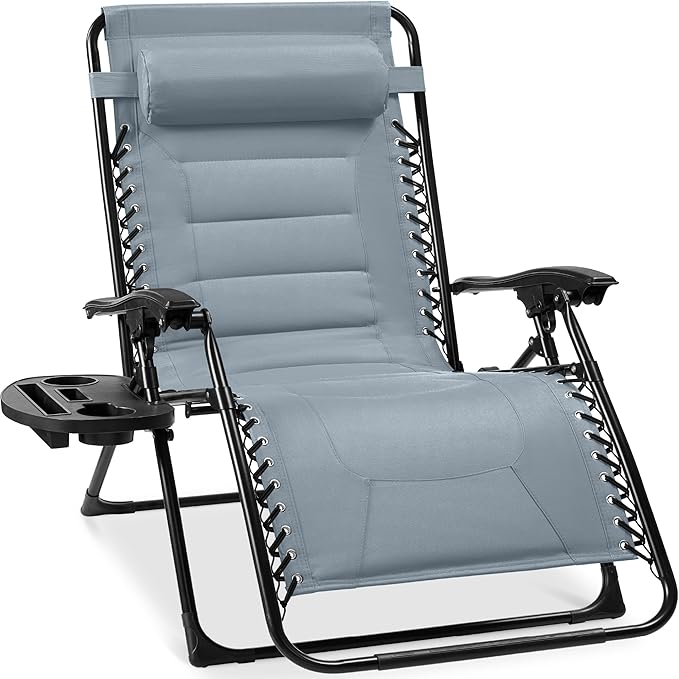 Best Choice Products Oversized Padded Zero Gravity Chair, Folding Outdoor Patio Recliner, XL Anti Gravity Lounger for Backyard w/Headrest, Cup Holder, Side Tray, Polyester Mesh - Breeze Blue