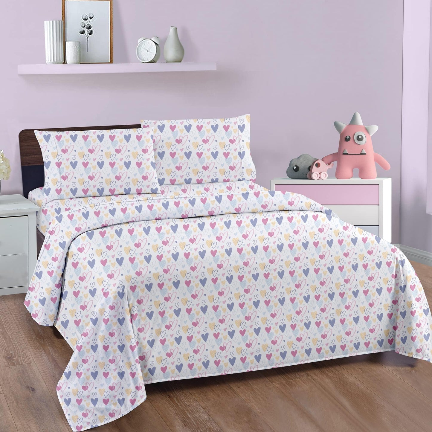 Softan Kids Bed Sheet Set, 3-Piece Twin Sheets Set, Microfiber Fitted Sheet with 15 Inches Deep Pocket and Corner Straps, Breathable & Silky Soft Love Heart Pattern Sheet and Pillowcase Sets