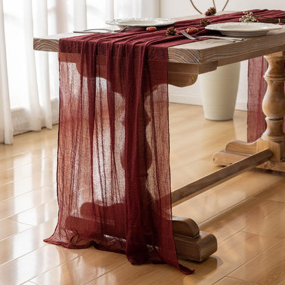 Keketoarrange Burgundy Christmas Table Runner Decor Red Cheesecloth Gauze 120 Inch 10 FT Rustic Boho Cheese Cloth Runner for Wedding Baby Bridal Shower Party Long Sheer Home Christmas Decorations