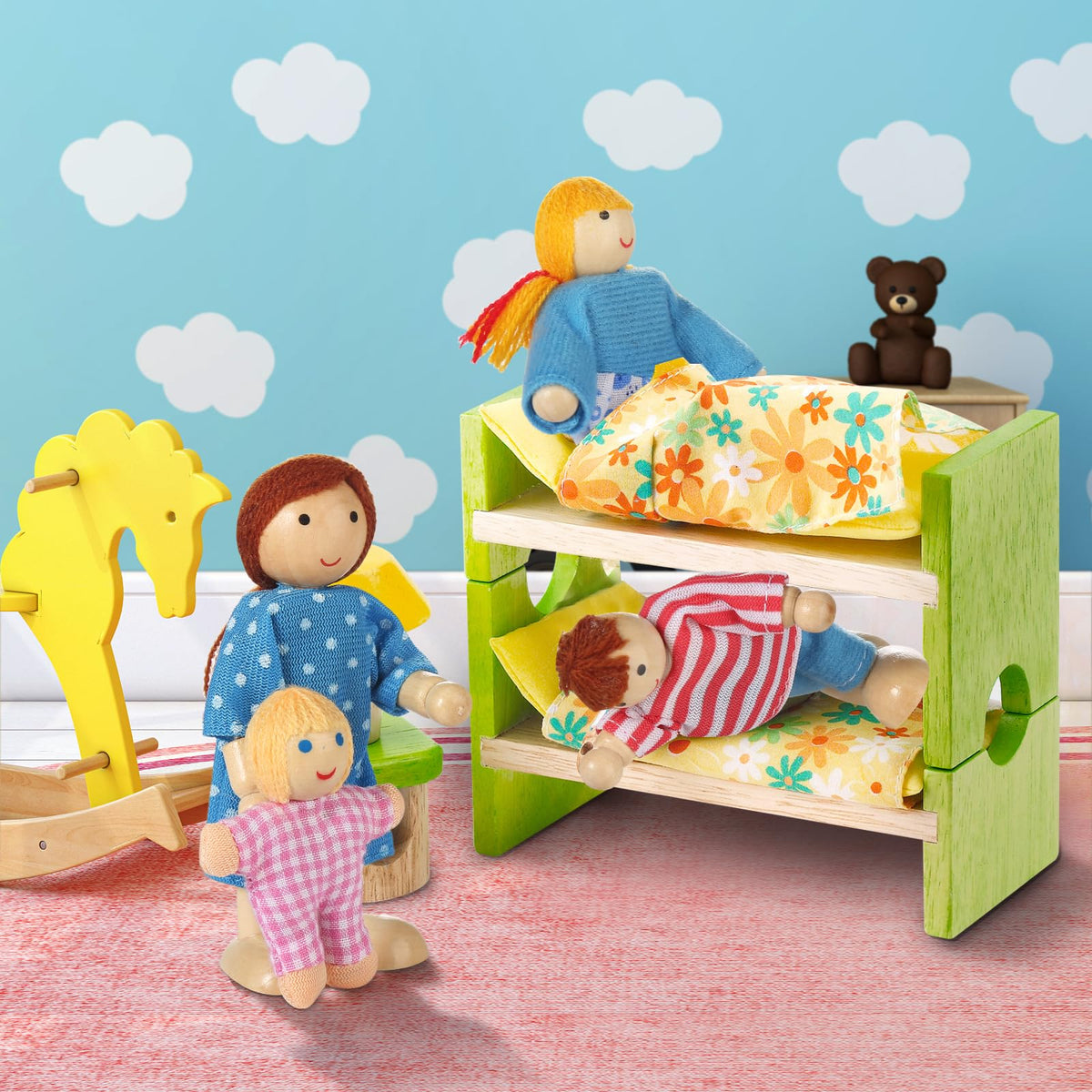 Jzszera 15 Pcs Wooden Dollhouse People with Movable Limbs, Doll House Family Figures for Educational Pretend Play