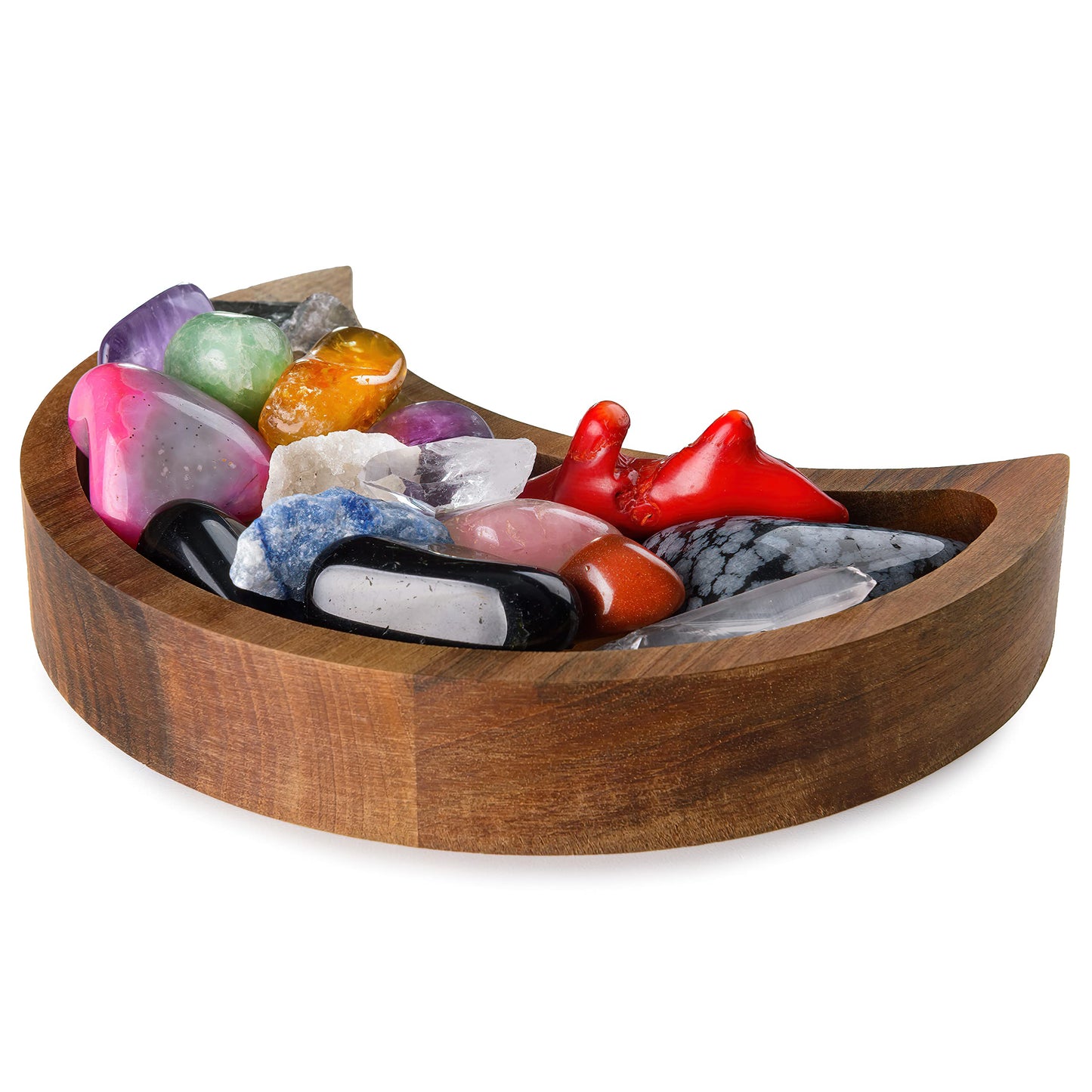 Curawood Crescent Moon Tray - Showcase Your Gems, Healing Stones & Treasures - 6"x3" Wooden Crystal Display Tray, Crystal Holder for Stones Display Shelf, Gemstone Rock Holder Charging Bowl, Walnut, S