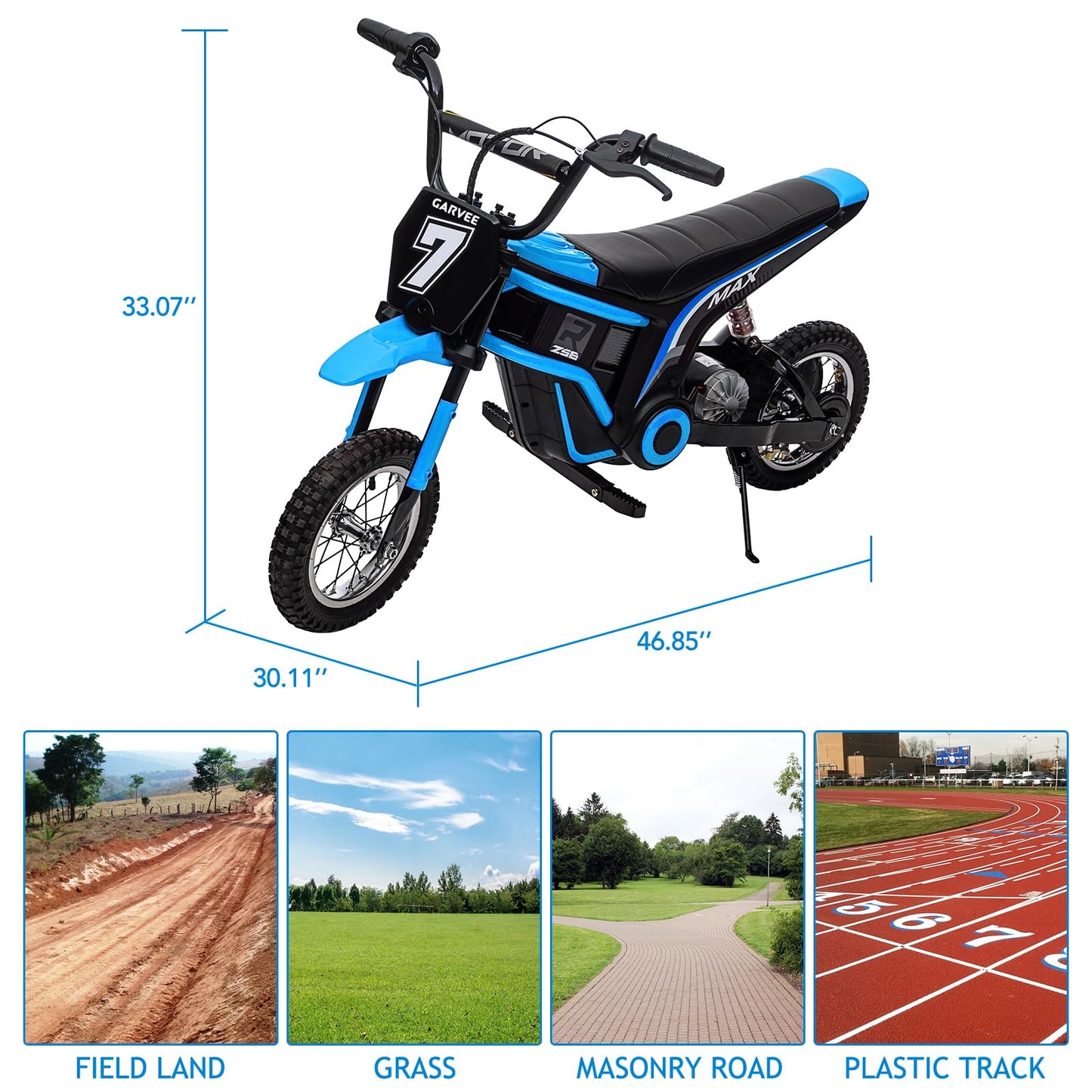 Garvee 24V Electric Dirt Bike for Kids 13+ Years Old, 350W Motor, 14.29 MPH, Dual Suspension, 2-Speed Modes, Max 135 LBS - Realistic Motorcycle Style with LED Lights & Music