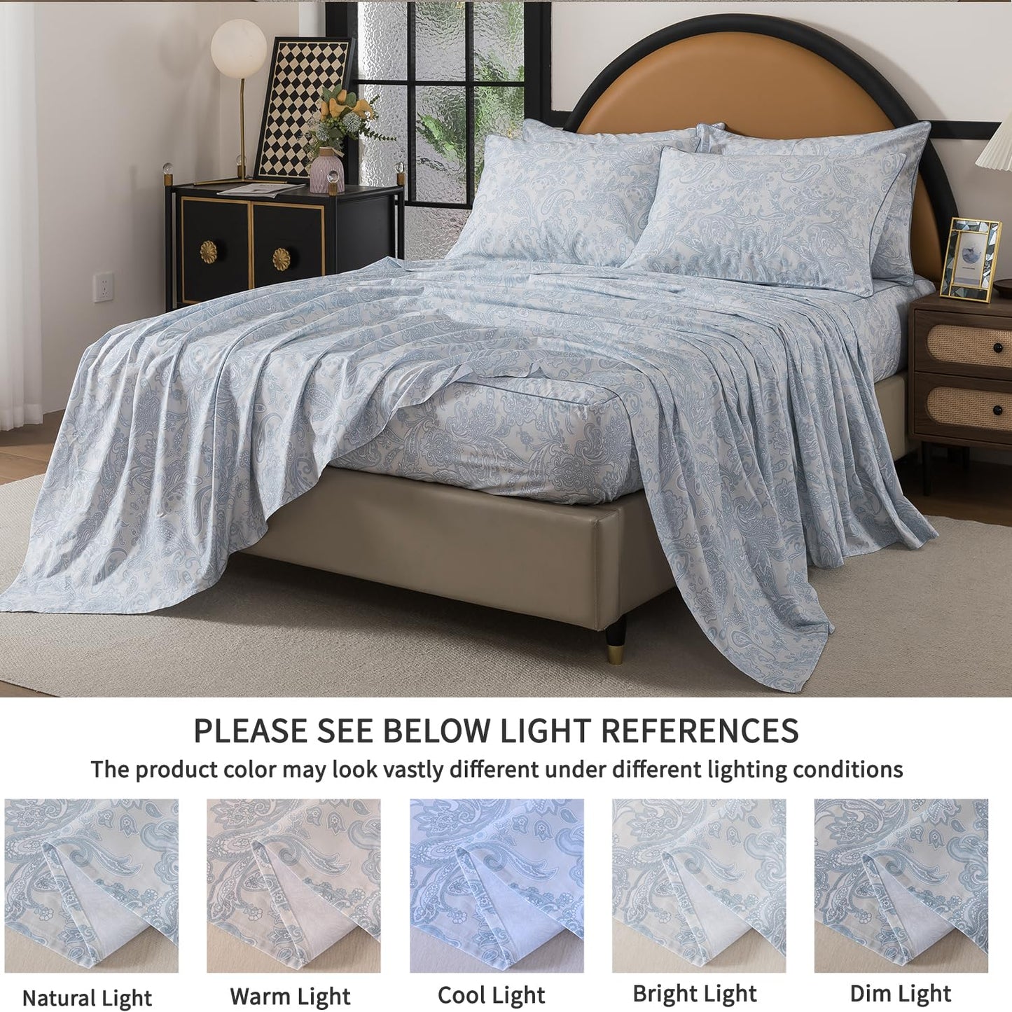 FADFAY Sheets Set Full 100% Cotton, 4-Piece Shabby Paisley Floral Bedding Light Blue Boho Paisley Bed Sheet Set, Vintage Farmhouse Bedding Soft & Breathable Deep Pocket Fitted Sheet for All Seasons