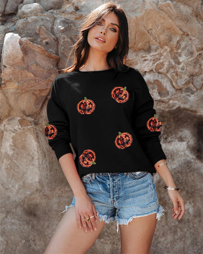VILOVE Halloween Pumpkin Sequin Sweatshirt Women: Pumpkin Face Long Sleeve Tops Fall Pumpkin Hoodie Halloween Party Pullover Black