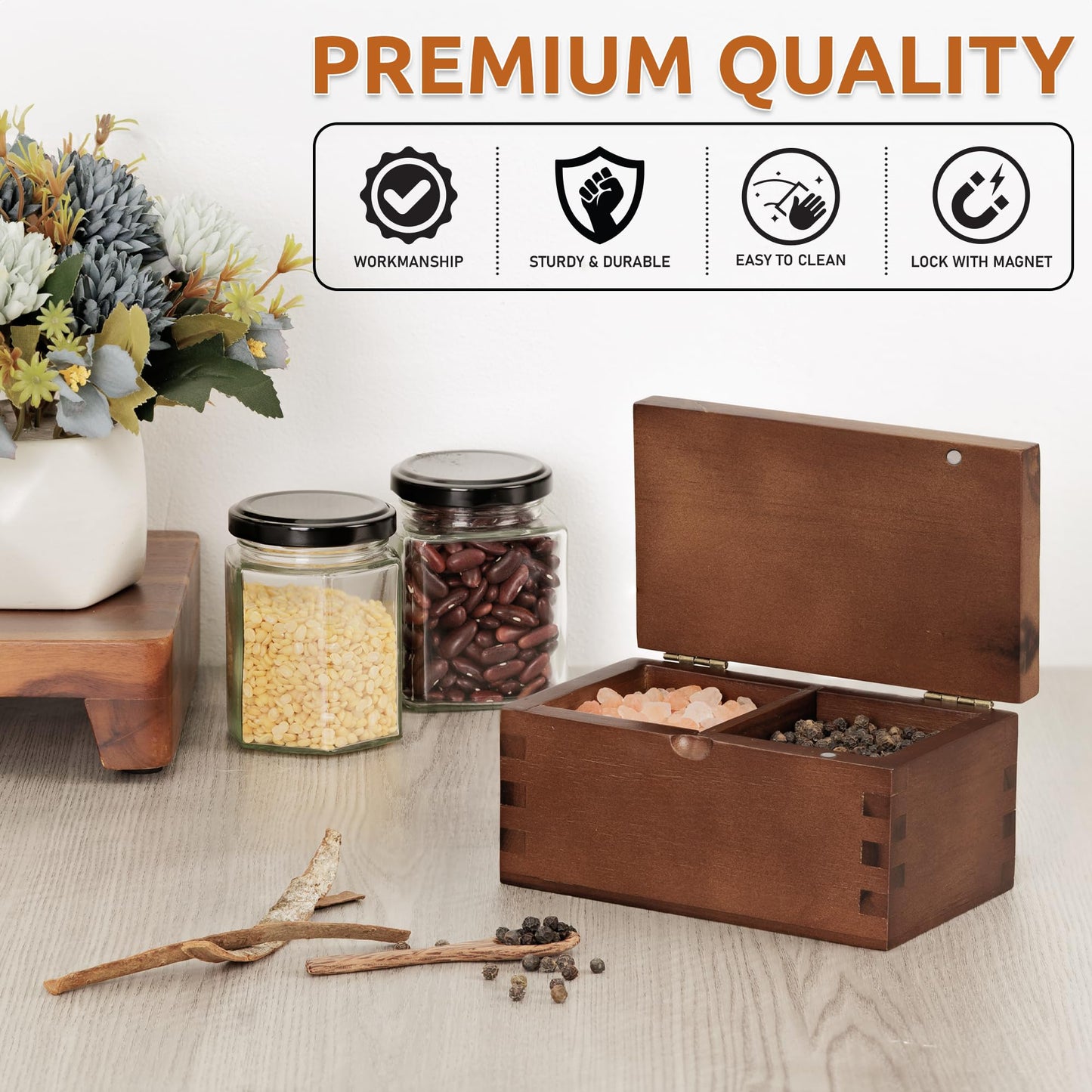 Demigo Salt Cellar Acacia Wood Salt Box with Flip Lid, 5.6x3.6x3 Inches 20 oz Large Storage Space, Perfect Container for Keeping Salt, Spice, Herbs or Favorite Seasonings (Dark Brown)