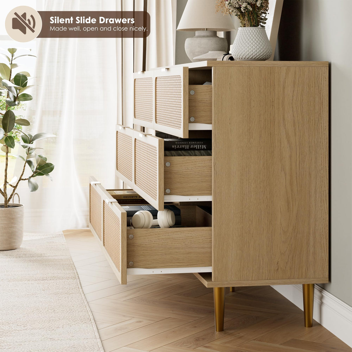 GarveeHome Rattan 6 Drawer Dresser for Bedroom, Large Double Dresser with Deep Drawers, Wooden Chest of Drawers for Closet with Wide Top, for Living Room, Hallway, Kids Room, Natural