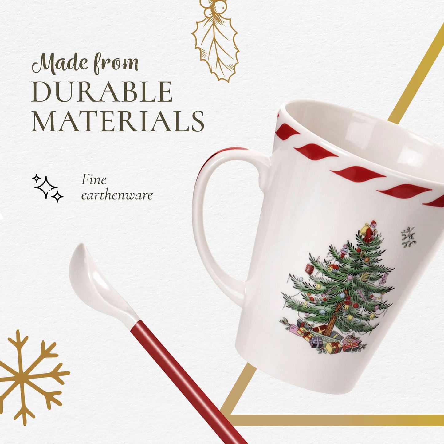 Spode Christmas Tree Peppermint 14oz Mug & Spoon Set (4-Piece) - Festive Earthenware with Candy Cane Motif, Mug for Hot Chocolate, Coffee, Holiday Mornings - Christmas Drinkware