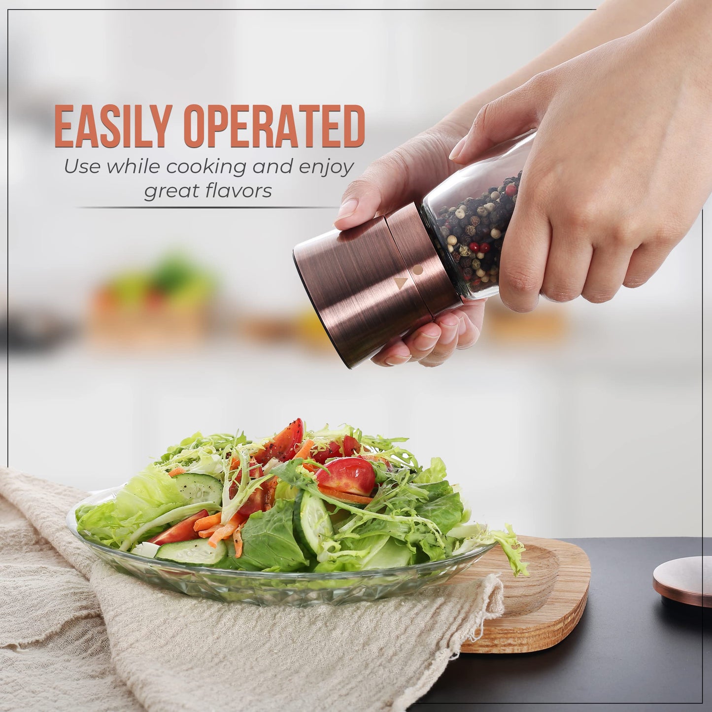 Copper Pepper Grinder or Pepper Mill, Manual Salt Grinder Refillable with Adjustable Coarseness, Black Pepper Grinder Made of Stainless Steel, Himalayan Salt and Sea Salt Grinder