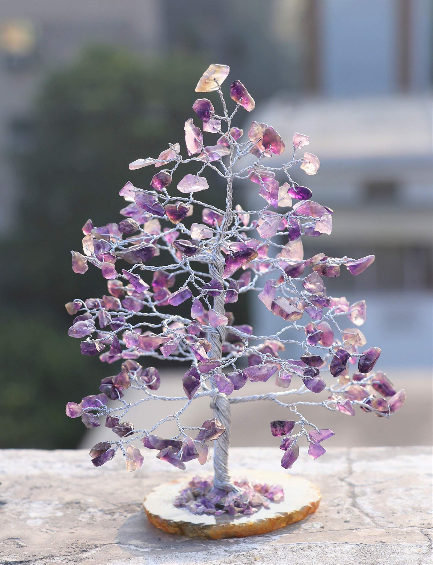 Crocon® Amethyst Gemstone Money Tree Agate Slice Base Gifts for Women Men Family Feng Shui Figurine Reiki Healing Crystals Chakra Balancing Good Luck Ornament Sculpture Mystical Home Decoration, 7"