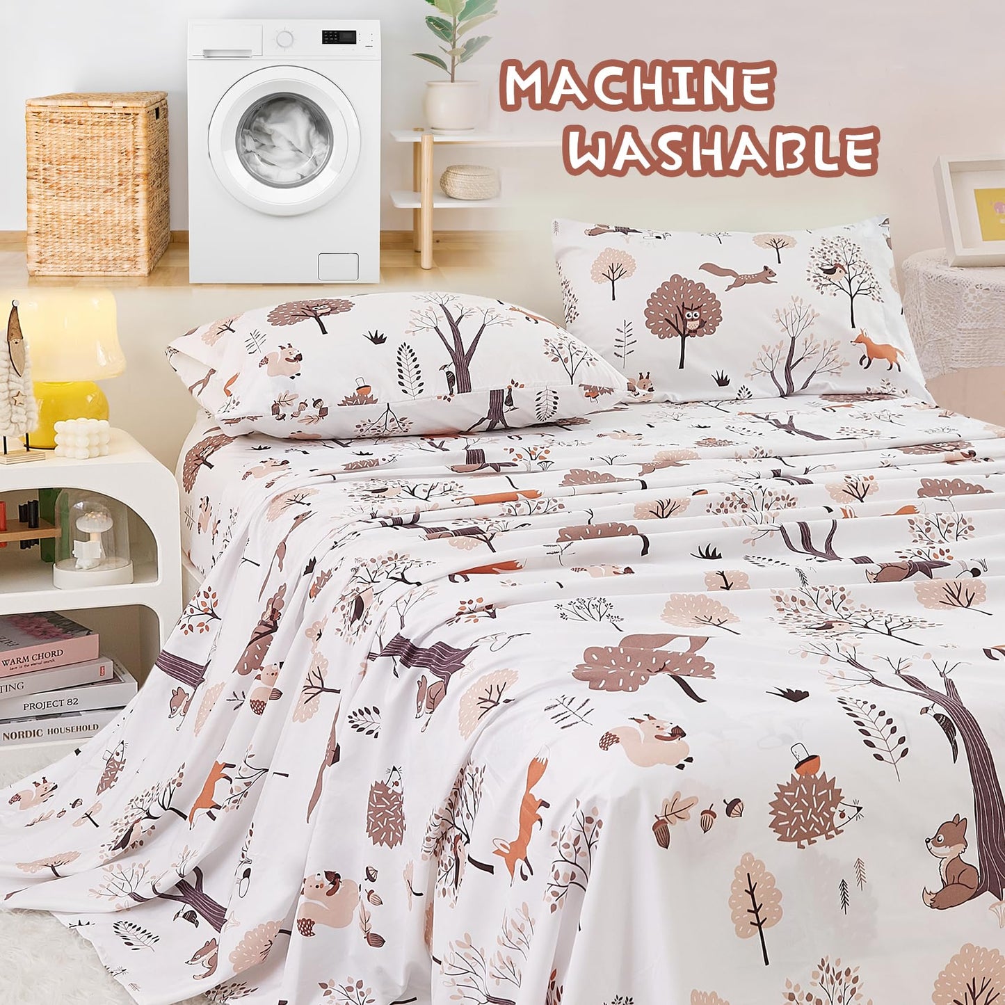 Yibeizi Woodland Forest Kids Sheet Set Full Size, Fall Animal Print Bedsheet Camper Themed Microfiber Deep Pocket Bedding Sheets & Pillowcases 4 Pieces