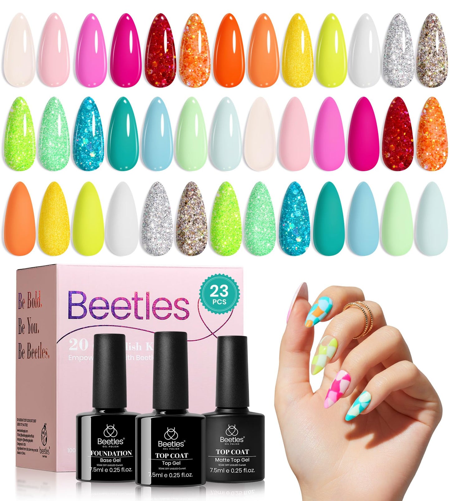 beetles Gel Polish Set - 23Pcs Macaroon Color Gel Nail Kit with Glossy Matte Top Coat Base Coat Yellow Pink White Purple Blue Glitter Bright Uv Nails Paradise Pastel Gel Halloween Gifts for Women