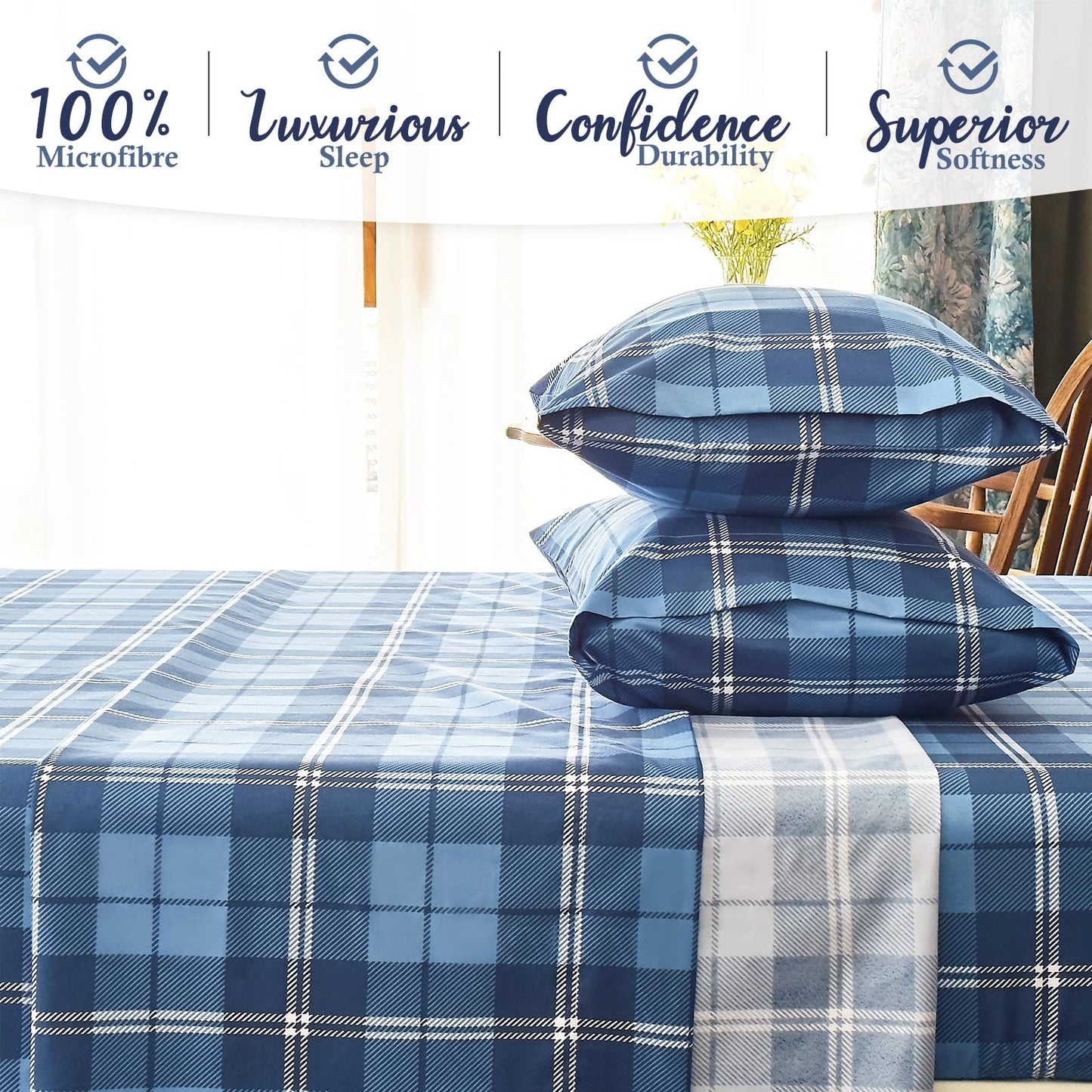 MICORAL Queen Sheet Set Plaid Patten, 4-Piece Printed Sheets, Silky & Lightweight Bedding Set, 16" Deep Pocket, Ultra Soft & Cooling Sheet, Oeko-TEX Certified, Plaid Royal Blue