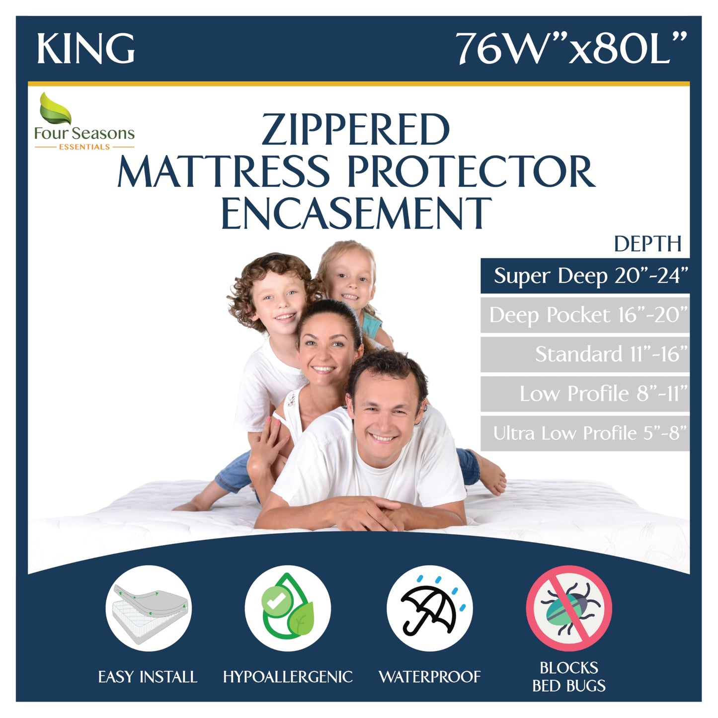 Super Deep Pocket Mattress Encasement - King - Zippered Bedbug Waterproof Protector for Very Deep Mattresses 20-24 inch Depth