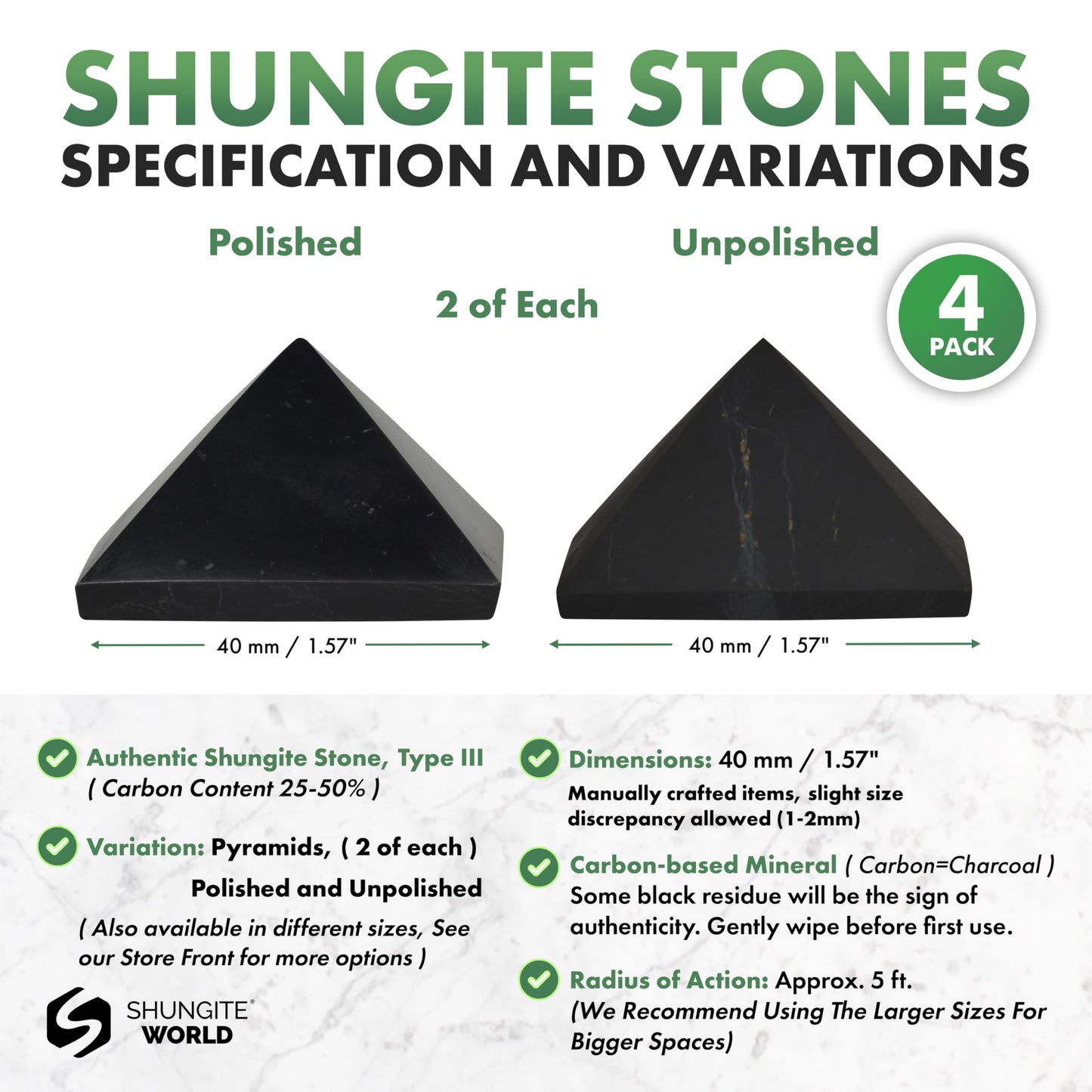 Shungite World 4 pcs Authentic Shungite Pyramids Set Polished and Unpolished 40 mm / 1.57" Chakra Energy Natural Healing Crystal Home Office Protection Desk Decor Meditation Reiki Grounding Stone