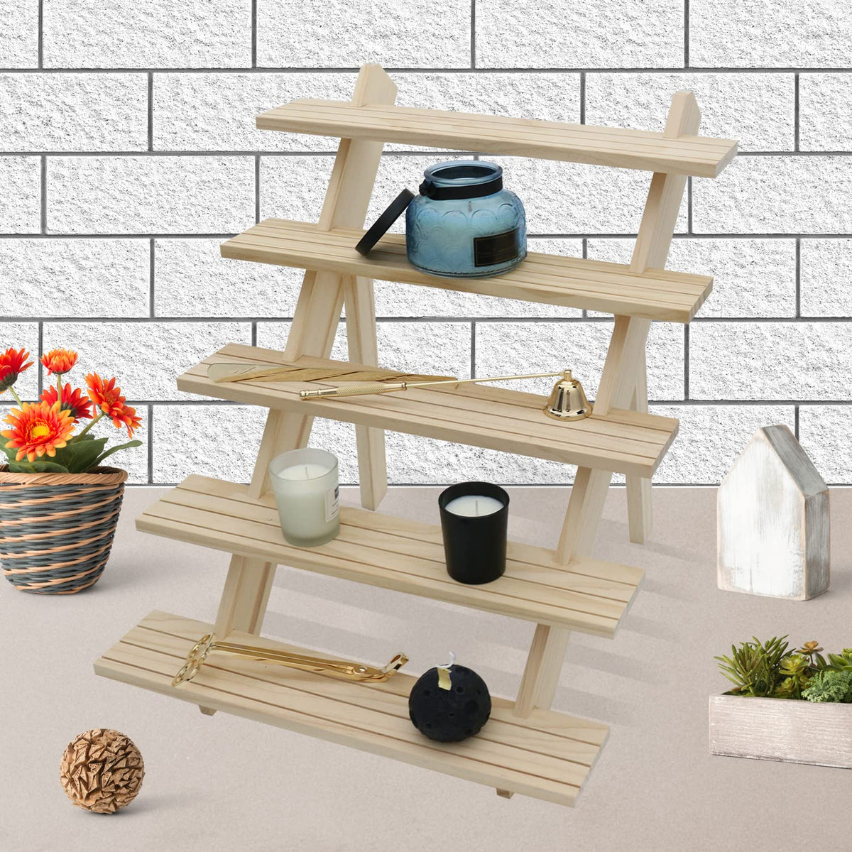 sinyad 101pcs 5-Tier Wood Earring Display Stand, Retail Display Riser Earring, Ring Holder Stand, Removable Countertop Small Merchandise Display Stand with 100 Pcs Earring Card (Wood color)
