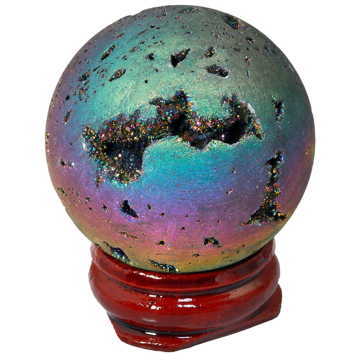Rockcloud Natural Titanium Coated Druzy Agate Geode Colorful Flame Aura Ball Divination Sphere with Wood Stand