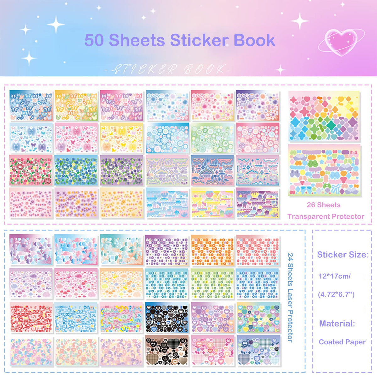 Doraking 50 Sheets Sticker Book, Self Adhesive Laser Love Cute Stickers for Arts Craft Greeting Cards Scrapbook Home Decoration DIY Deco Stickers(B)