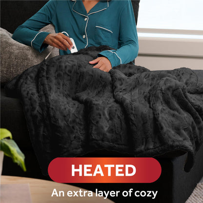 Sunbeam Electric Throw Royal Faux Fur Heated Blanket, 4 Heat Settings, 4-Hour Auto Shut-Off, Fast Heating, Rich and Ultra Silky, White/Grey Color, 50" x 60"