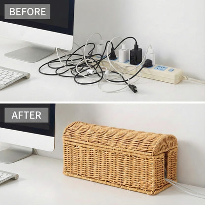 Handwoven Rattan Cable Management Box - Box to Hide Cords and Power Strip, Treasure-Box Dome-Top, Metal Baked Enamel Skeleton, Decorative Home Organizer