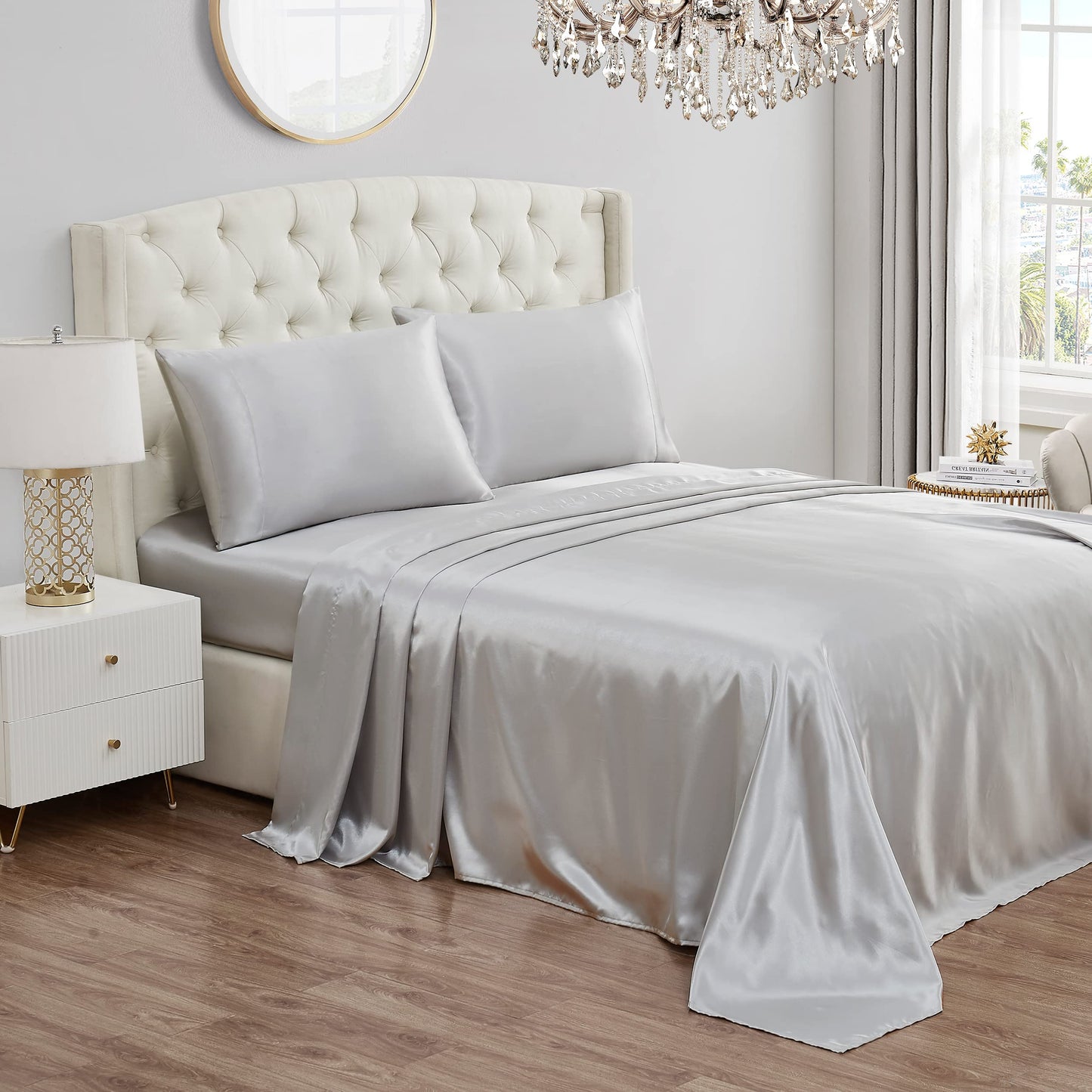 Juicy Couture Full Size Silk Satin Bed Sheet Set, Deep Pocket Silky Full Sheet Set with 1 Fitted Sheet, 1 Flat Sheet and 2 Pillow Case, Wrinkle Resistant and Anti Pilling Bed Sheets - Grey