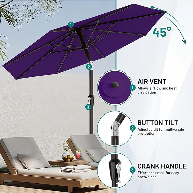 AreShark 9 FT Patio Umbrella for Outdoor, Outdoor Table Umbrella with Push Button Tilt and Crank, Outdoor Patio Umbrellas with 8 Sturdy Ribs for Market, Garden, Pool (Dark Purple)