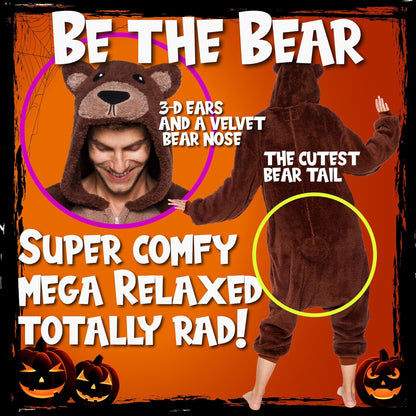 Funziez! Sherpa Bear Adult Onesie - Animal Halloween Costume - Plush Teddy One Piece Cosplay Suit for Adults, Women and Men(Brown, XX-Large)