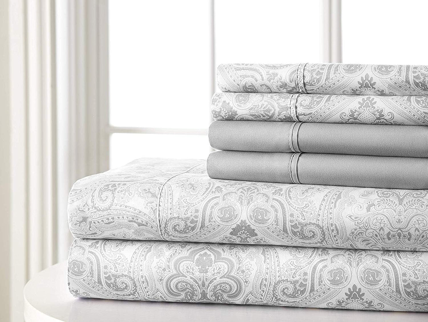 Spirit Linen home 6-Piece King Size Bed Sheet Set - Deep Pocket, Paisley Pattern, Soft and Breathable Bed Sheets, Microfiber Material, Includes 1 Fitted, 1 Flat, 4 Pillowcases - Light Grey Paisley