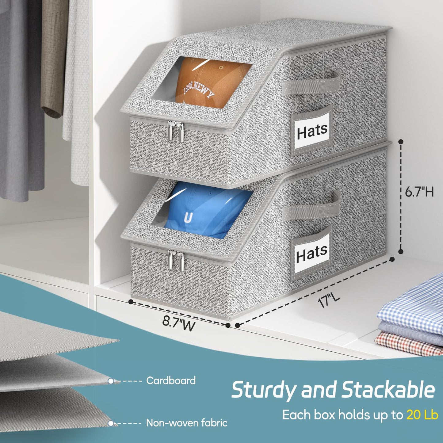 AOODA 2 PCS Stackable Hat Storage for Baseball Caps, Holds up to 24 Caps Hat Organizer for Closet, Sturdy Snapback Boxes for Men with Cardboard, Grey