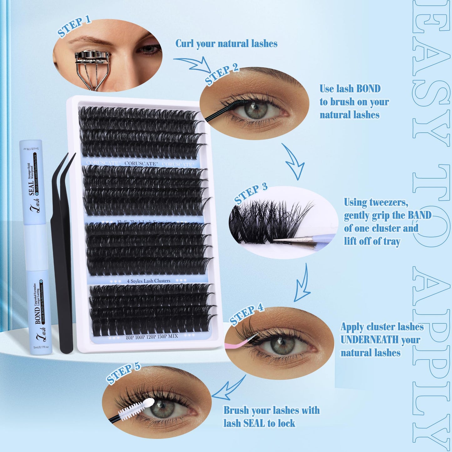 CORUSCATE Cluster Lashes Kit Long 14-20mm Eyelashes Individual Kit 80D-150D Thick Lashes Individual Cluster Russian Strip Lash D Curl DIY Lash Extension 284pcs with Lash Bond and Seal Tweezers