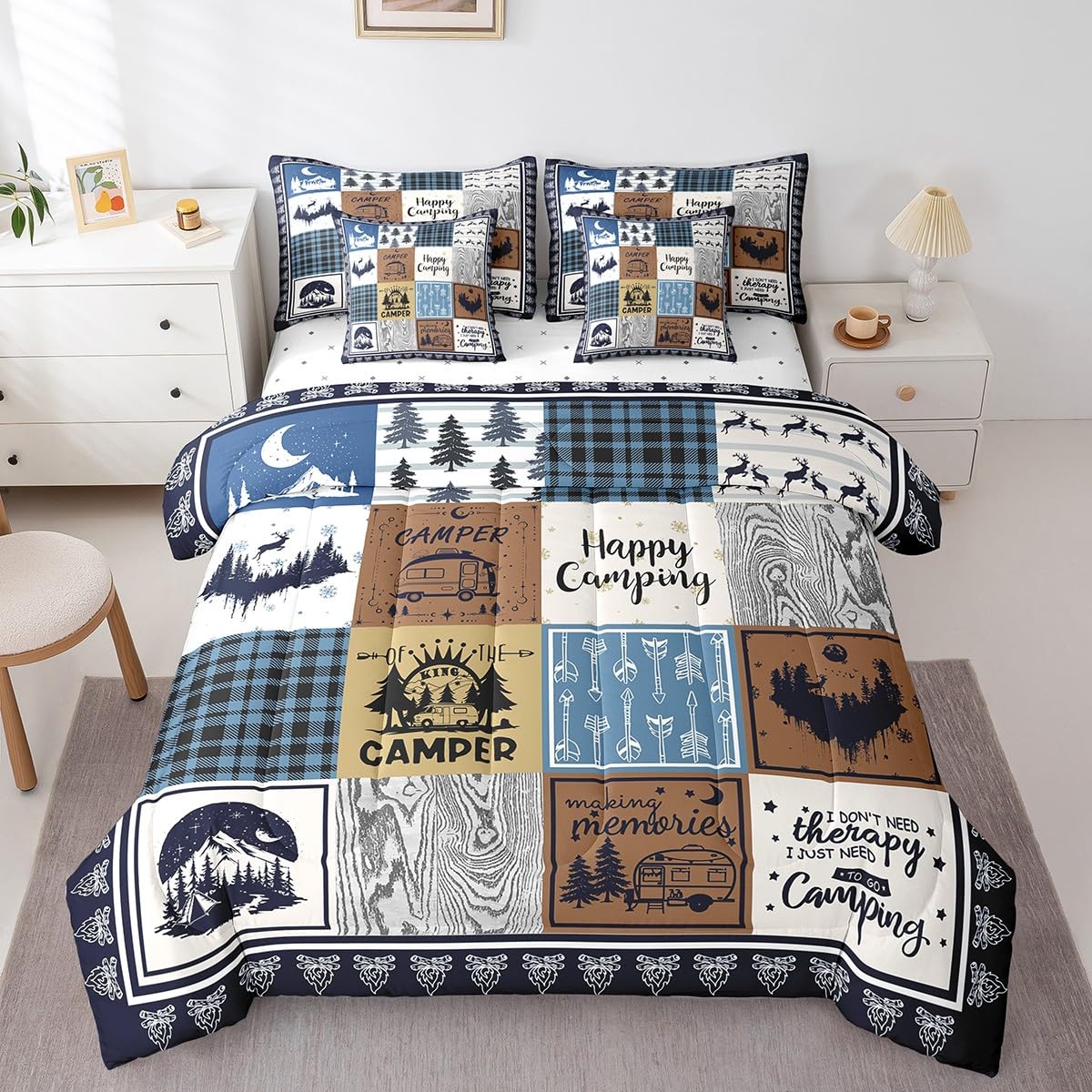 Erosebridal 7 Piece Rv Camper Bedding Set Full,Kids Happy Camping Comforter Set with Sheets,Travel Trailer Bed in a Bag Buffalo Plaid Decor,Rustic Cabin Patchwork Bed Set with Pillowcases