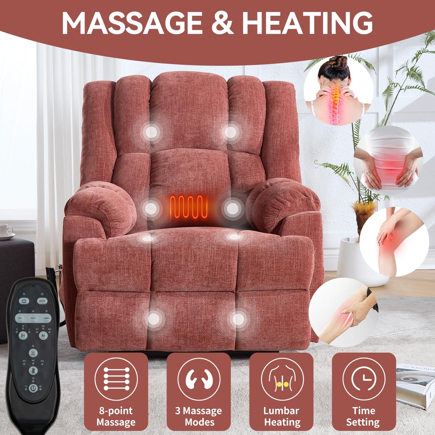 KEIKI Oversized Dual Motor Power Lift Recliner Chair for Elderly, Chenille Upholstery Breathable Rocking Chair with Back Massager and Heated, Home Theater Relaxation and Movie Nights, Red