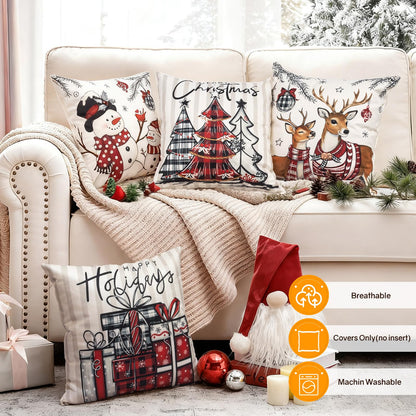 Aursaos Happy Holiday Merry Christmas Plaid Pillow Covers 18x18 Set of 4, Grey Striped Red Buffalo Plaid Snowman Tree Deer Decorative Winter Throw Pillow Case for Couch Sofa Living Room