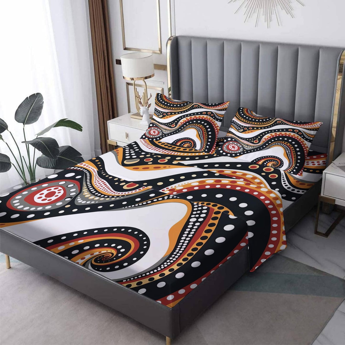 zcsm Bohemian Sheets Queen Size - Hippie Bed Sheets, Soft Microfiber & Deep Pocket & Wrinkle Free Patterned Bedding Sheets & Pillowcases, 4 Piece (1 Fitted Sheet, 1 Flat Sheet, 2 Pillow Cases)