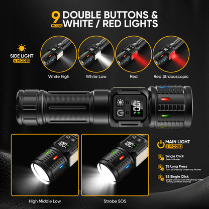 lesusnicy Rechargeable Flashlights High Lumens 100,000, Super Bright LED Flash Light Long Lasting USB C LCD Display, Dual Light Source & Buttons with Red Light, for Camping Hiking Emergency Home Gift