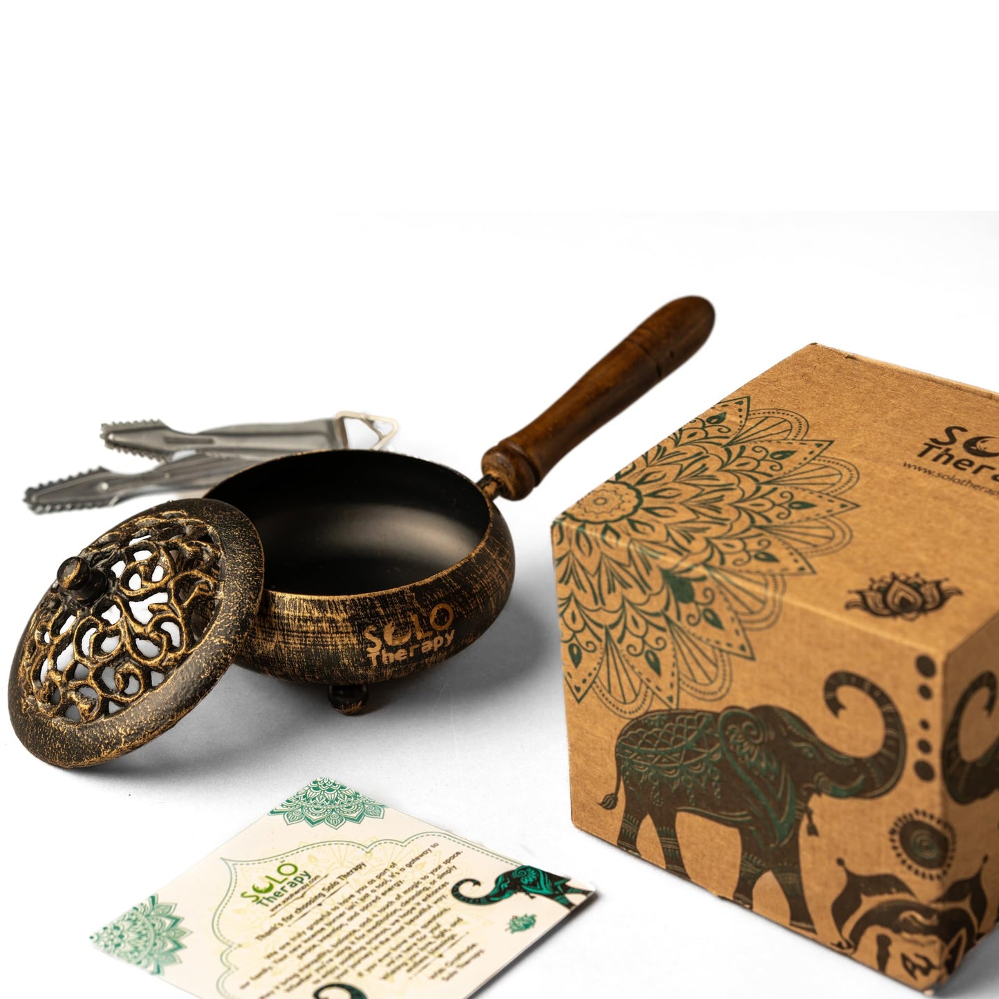 Iron Charcoal Burner with Lid & Wood Handle with Charcoal Tong, 9" Golden Finish, Burner for Incense, Charcoal Burner with Handle, Includes Charcoal Tong