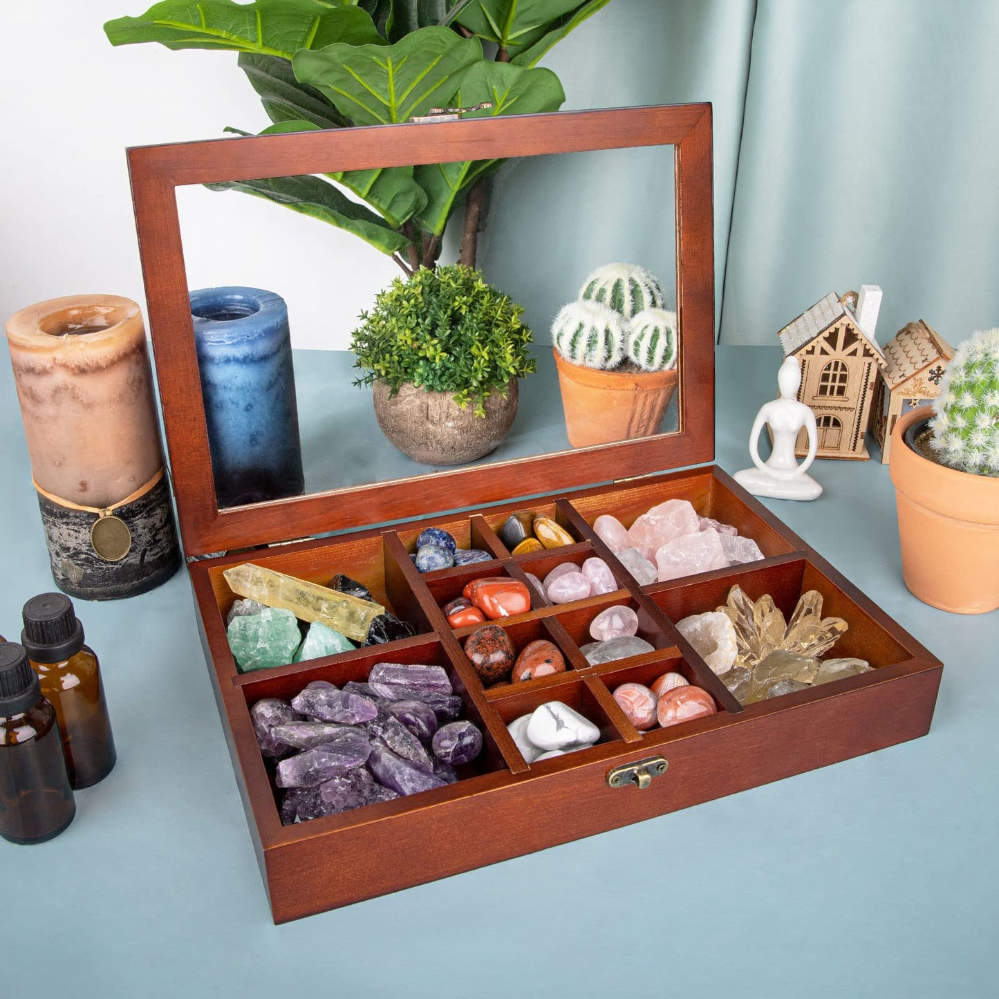 Crescent Moon Tray Crystal Holder Set, Adjustable Rock Display Case, Rock Collection Box with Shelves, Wood Crystal Organizer for Stones Storage,Gem Holder with Lid for Seashell