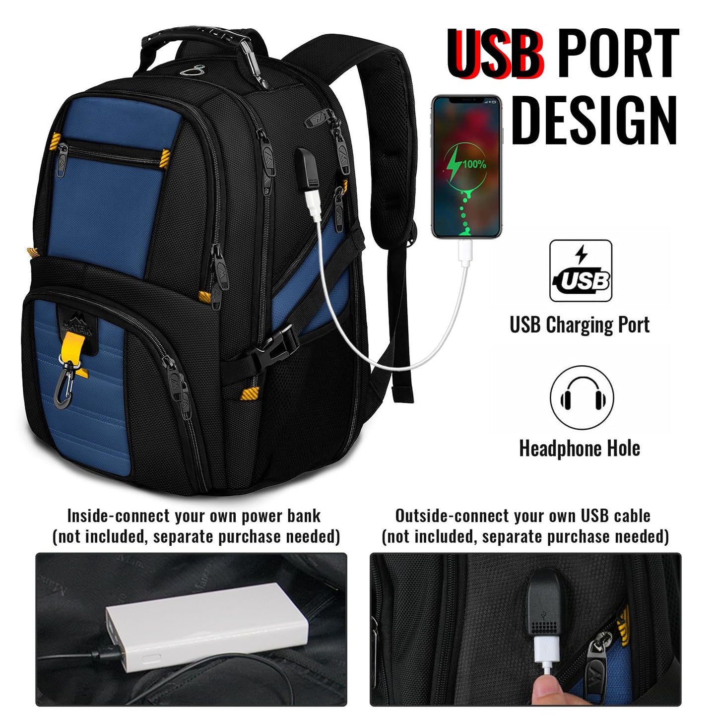 MATEIN Travel Laptop Backpack Large, 17.3 Inch Backpack 50L School Bag Water Resistant, Work Computer Rucksack for Men Anti Theft TSA with USB Charging Port, Laptop Bags for School Business-Roy Blue