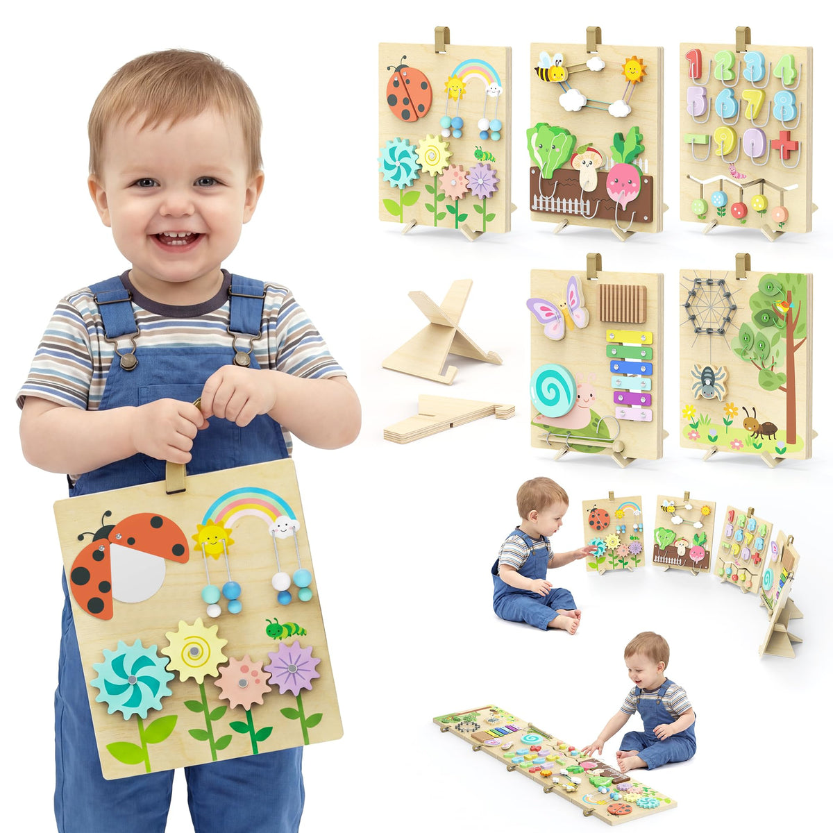 BlueWood Wooden Busy Board for Toddlers 18+ Months, 14-in-1 Montessori Philosophy Educational Toy, Activity Center Made from Basswood, No Drilling, Easy to Carry & Store - Square