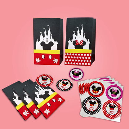 MOAXMOA Party favor Gift Bags Candy Treat Bags Birthday Baby Shower Wedding Mickey Minnie Theme Decorations Supplies with Stickers Set of 24