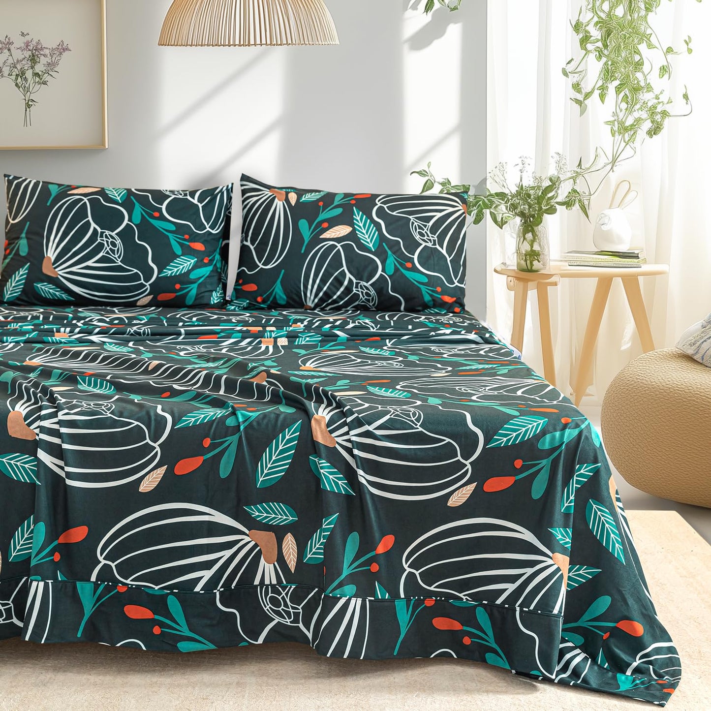 Ramesses Flannel Bedding Sheet Set Full-Polyester Printed Microfiber Plush Flannel Stain Resistant-Soft and Durable-4-Piece Bedding(Green, Full)