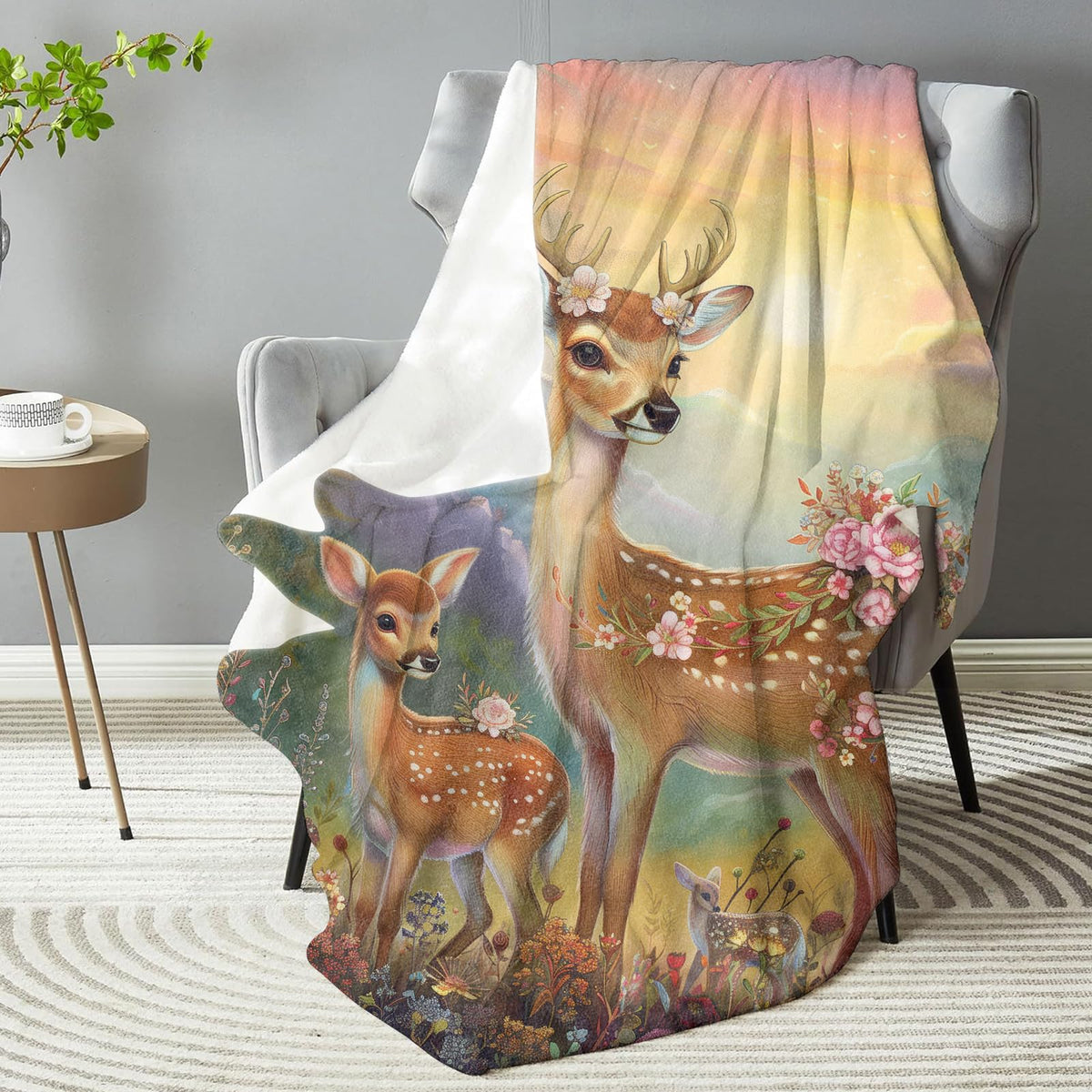 Deer Family Throw Blanket - Soft Plush, Lightweight, Warm, Fuzzy Anti-Pilling Flannel Blanket for Bedroom, Couch, Travel, Sofa - Comfy 50in×60in
