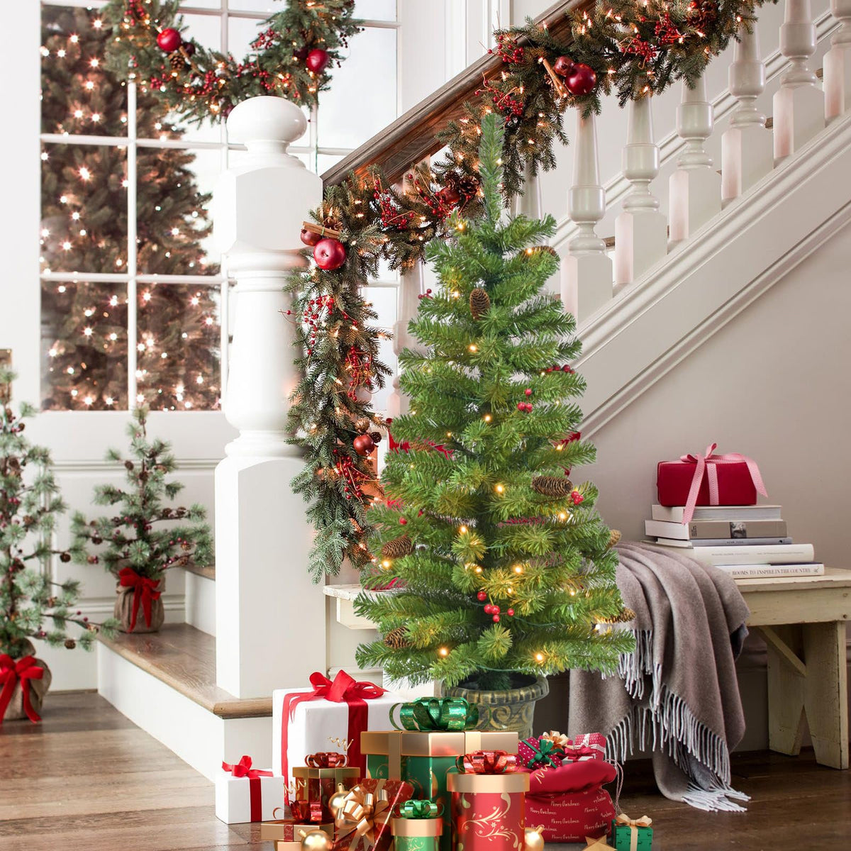 Maylaviu 4FT Artificial Potted Christmas Tree with Lights, Pre-lit Mini Christmas Tree with 50 LED Lights, Small Fake Spruce Tree with 140 Branch Tips, Pine Cones&Red Berries, Battery Operated
