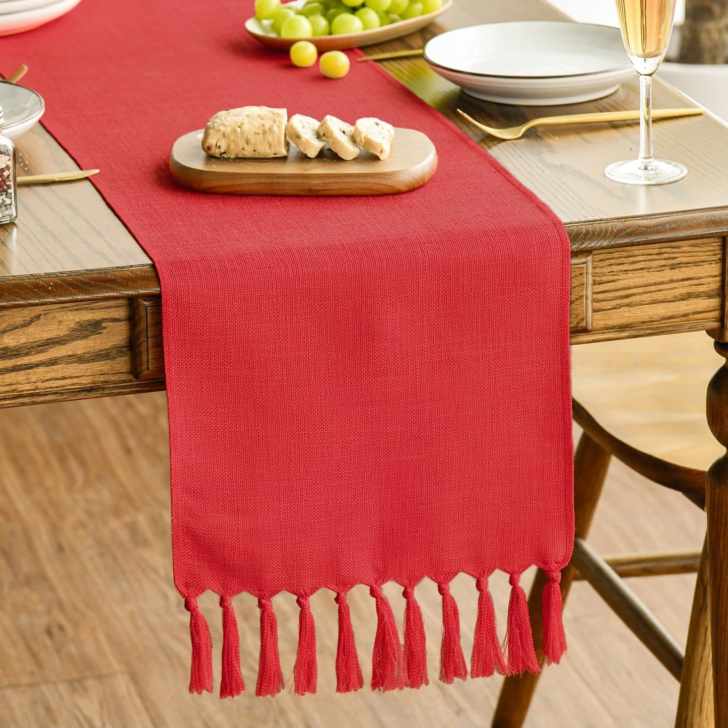 Artoid Mode Red Tassel Table Runner, Christmas Linen Blend Rustic Farmhouse Style Kitchen Table Decoration Holiday Wedding Party Dinning Decor 13x72 Inch