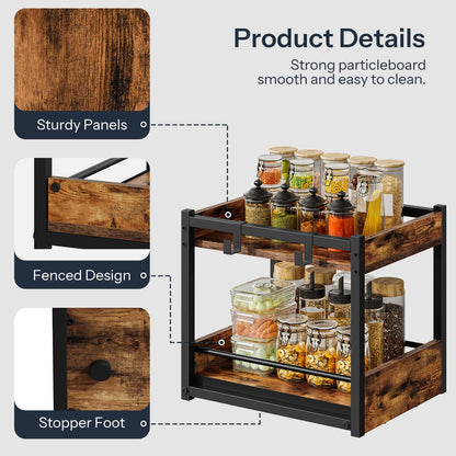 HOOBRO Kitchen Countertop Organizer, Corner Shelf Organizer, 2-Tier Spice Rack with Pull-Out Shelf and Hooks, for Kitchen, Office, Study, Bedroom, Living Room, Rustic Brown and Black BF08TL01