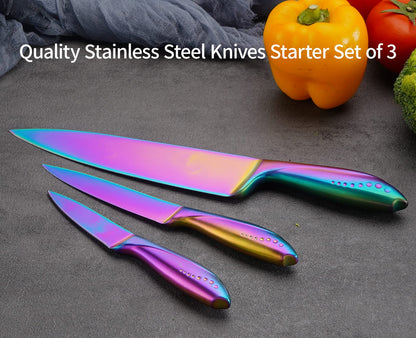 Hollory Rainbow Kitchen Knife Set 3 Piece, Razor Sharp German Stainless Steel Blade with 8 in Chef, 5 in Utility, 3.5 in Paring – Starter Set with Gift Box