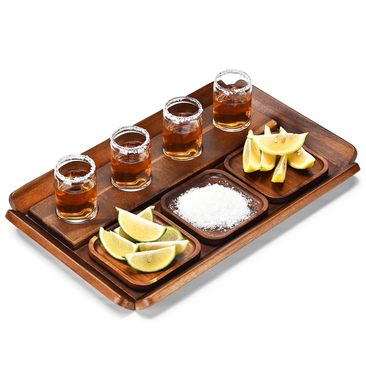 Shanik Rustic Wooden Tequila Flight Tray Set – Tasting Board with 4 Shot Glasses & Coasters, Cocktail Sampler for Parties, Home Bar, Men’s Gift, Pairing Kit