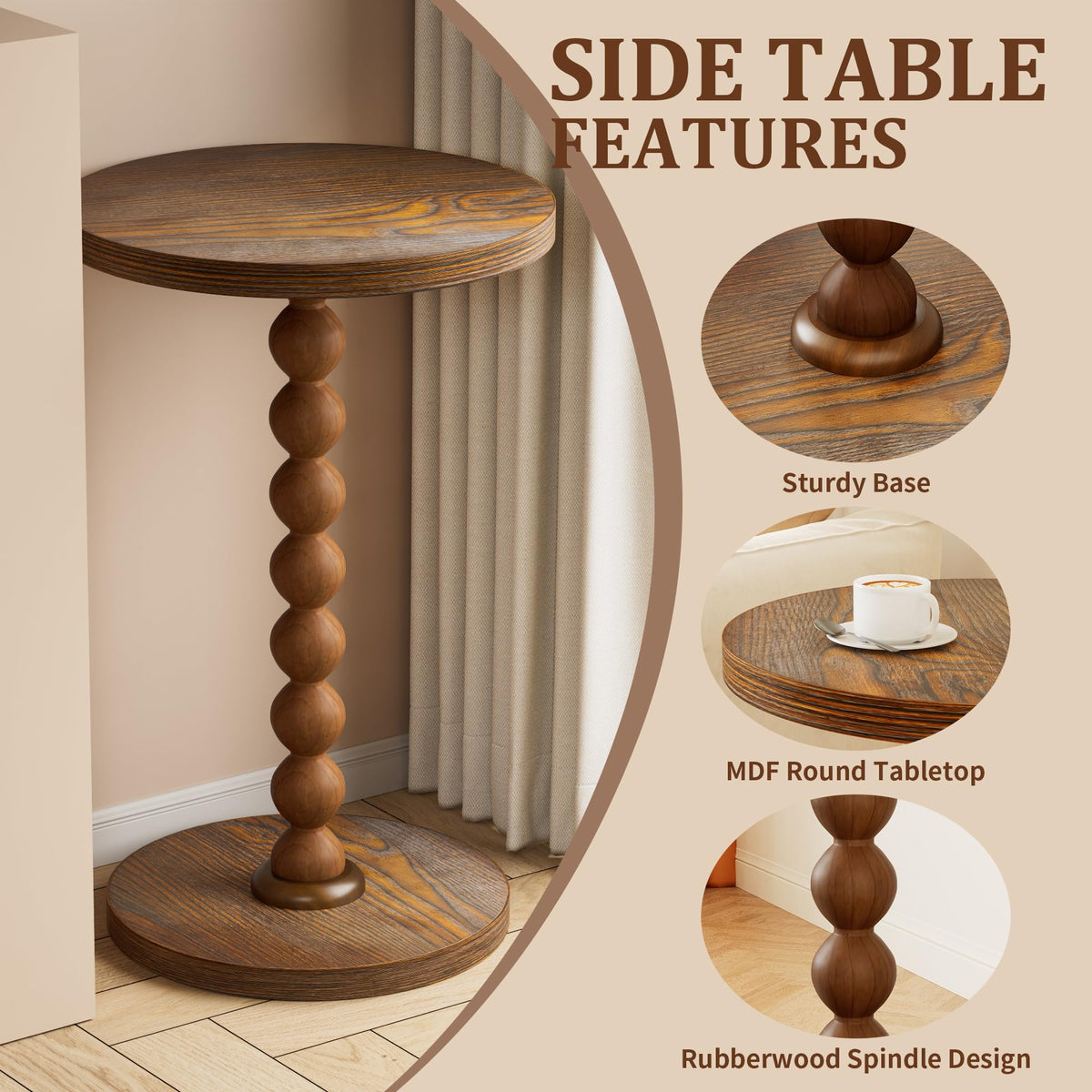 TEROL Round Side Table, Drink Table for Small Spaces, Modern Accent Nightstand with Rubberwood Leg for Living Room, Bedroom, Corners, and Office (Brown)